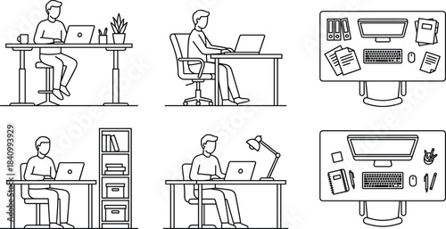 Office workspace illustration, desk setup, ergonomic posture, remote work, productivity tools, black and white drawing, top view, seated figure, accessoriesOffice workspace illustration, 