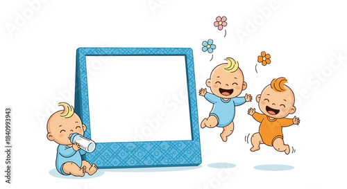 Three cute baby boys are playing around a large, empty blue photo frame, perfect for a birth announcement or baby shower invitation.