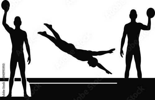 Athletic silhouette, ball action, jumping, diving, platform motion, black figure, dynamic pose, sports movement, physical activity, coordination,