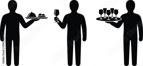 Waiter silhouette, food service, tray holding, wine glass, catering staff, black figure, restaurant role, hospitality, serving posture, eventWaiter silhouette, food service, tray holding, wine glass