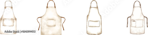 Isolated white set, rustic kitchen apron with a chest bib and pocket. Hand-drawn vector illustration in a cozy watercolor style, essential for baking blogs, cooking  and farmhouse design elements