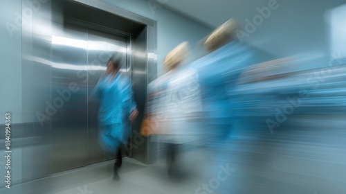 Motion blur of healthcare professionals rushing through a hospital corridor, highlighting the fast-paced medical environment.