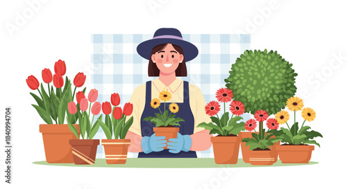 A happy woman in a hat and apron is surrounded by her beautiful potted plants and flowers, holding one pot and smiling at her garden.