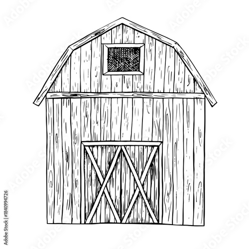 Wooden farm shed. Black and white vector illustration drawn by hand. Concept of an agricultural structure. Element of banner, label, postcard design, and more.