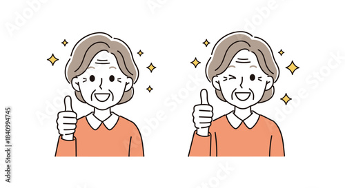 An energetic and happy elderly woman gives a thumbs-up gesture, shown in two slightly different poses with sparkles to emphasize her positivity.