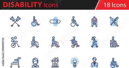 Accessibility and healthcare icons vector set, wheelchair, crutches, medical devices, walking aid, assistance, seated figures, healthcare professionals, inclusive design, mobility support