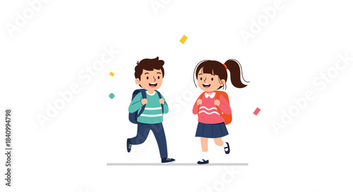 A happy elementary school boy and girl with backpacks are running and chatting together, with colorful confetti celebrating going back to school.