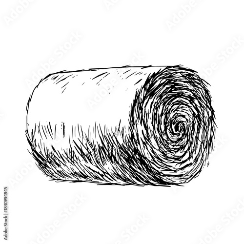 A roll of hay. Black and white vector illustration drawn by hand. Animal feed. For the design of farm projects, as well as packaging, labels, and more.