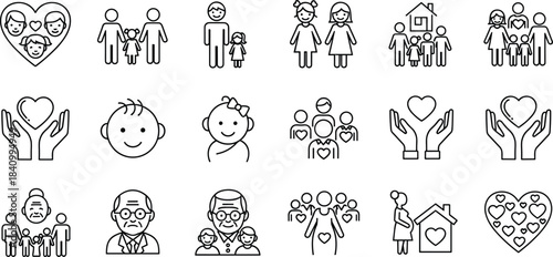 Family, Care, Generational, Relationship, and Protection Line Icon Set, Baby, Elderly, Home, Community, Outline Vector