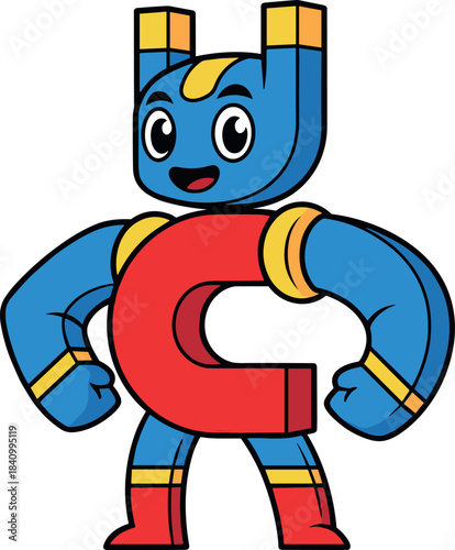 Cartoon magnet character with red horseshoe body and blue limbs science education