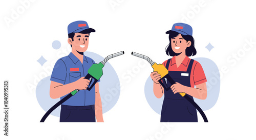 A friendly male and female gas station attendant, each holding a fuel pump nozzle, are ready to provide service with a smile.