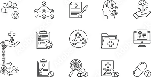 Healthcare, Medical Administration, Medicine, Prescription, and Treatment Line Icon Set, Health, Hospital, Pharma, Outline Vector
