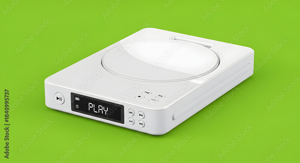 Obraz premium A white, modern portable CD player with a digital display showing 