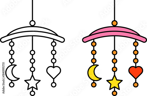 Simple line art and colored baby crib mobile with moon star and heart