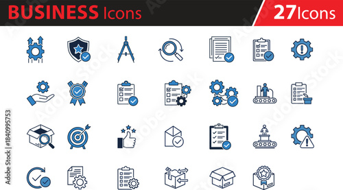 Modern business icons set, blue and black theme, vector illustration for planning, productivity, analysis, communication, quality assurance, perfect for presentations, infographics,