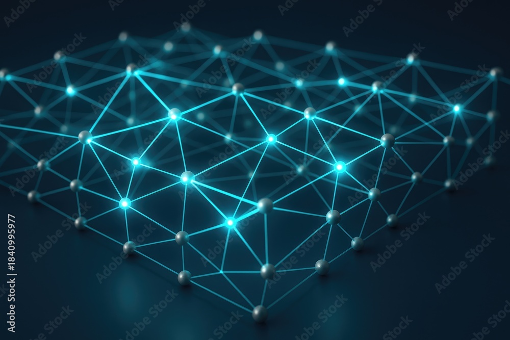 Obraz premium Connected network grid with glowing nodes and lines, data flow concept network nodes lines.