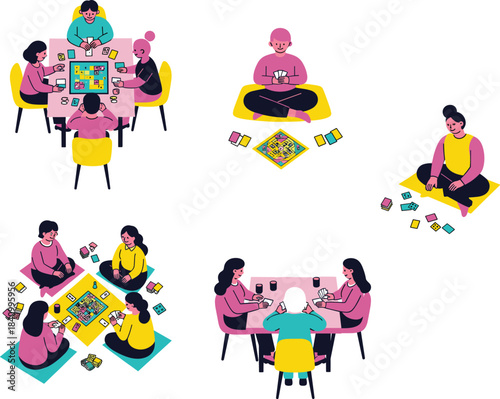 Vector Set of People Playing Board Games, Card Games, and Chess, Featuring Flat Design Characters Enjoying Leisure, Family Fun, and Social Entertainment Activities.