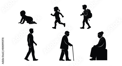 Silhouettes of people representing different stages of life and activity