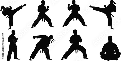 Silhouette illustrations depicting various martial arts poses and meditative stances