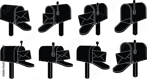 A collection of black and white mailbox silhouettes in various perspectives