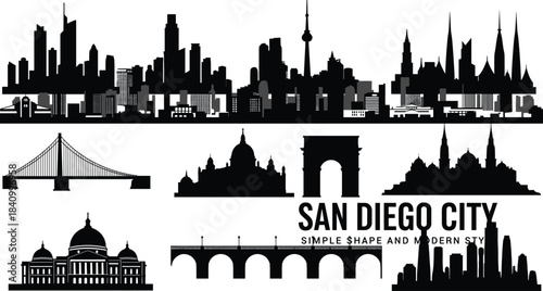 City skyline silhouette, famous landmarks, global architecture, modern urban design, iconic buildings, minimalist vector, travel concept, black shapes, cultural heritage illustration