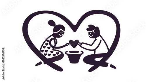 Two people a man and a woman are inside a large heart shape giving a heart to a bucket symbolizing love and charity