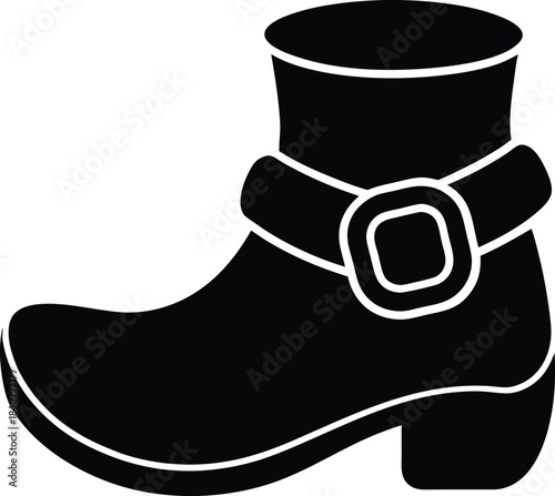 Black silhouette of a curled toe leprechaun boot with buckle on white background