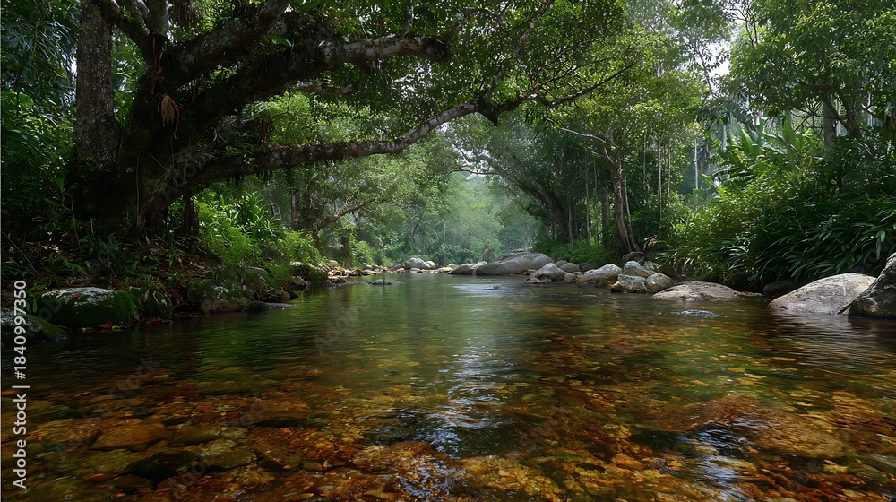 Obraz premium Tropical river landscape in an jungle forest with palm trees and a clear blue sky