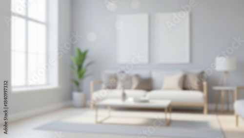Blurred Cozy and inviting living room interior with modern furniture and art on the wall