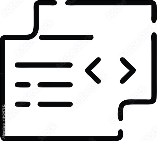 Black line art icon of a document with code symbols