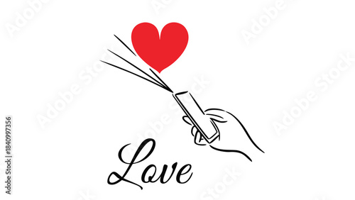 A hand holding a spray bottle that is spraying a red heart with the word love below it symbolizing the expression of love