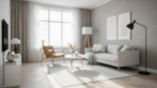 Blurred Bright and airy living room with modern furniture, large window, and minimalist decor