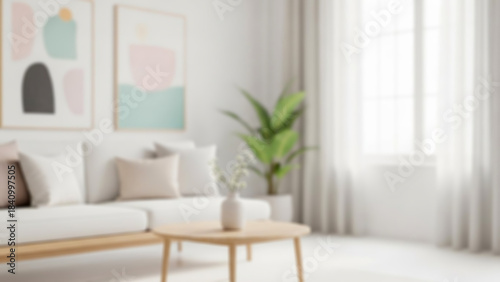 Blurred Cozy and bright living room with modern abstract art and a minimalist wooden coffee table
