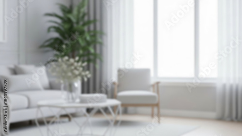 Blurred Bright and airy living room with a sofa, armchair, and coffee table, decorated with a vase of flowers, in a modern home interior