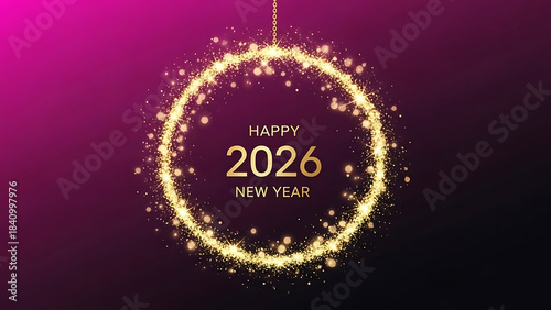 New Year 2026 Gold Glitter Ornament on Purple Background