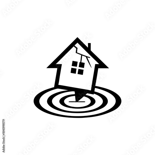 House falling into a sinkhole icon on transparent background silhouette