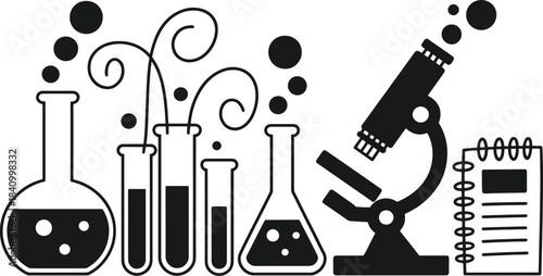Black and white line of laboratory equipment including microscopes test tubes and beakers line laboratory