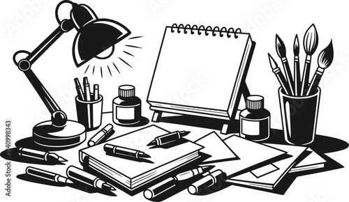 Black and white of an artist's desk with various supplies and a lamp