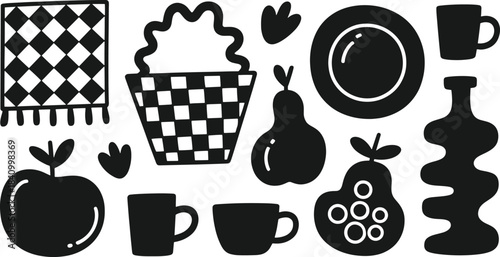 Black and white of kitchen and fruits with a checkered basket and mugs
