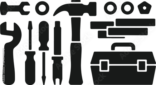 Black and white of various tools including a hammer, wrench, screwdriver, pliers, and toolbox