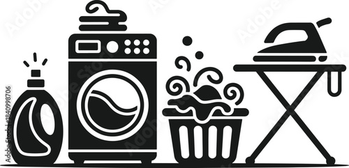 Black and white of laundry supplies including detergent bottle washing machine ironing board and steaming laundry basket