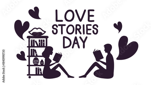 Celebrate love stories day with a romantic illustration of a couple reading books surrounded by hearts and lips symbolizing romance and literature