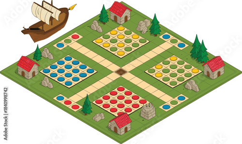 Isometric Vector Illustration of a Classic Family Board Game Map, Featuring Houses, Ship, Colored Start Zones, Paths, and Fun Strategy Gameplay.