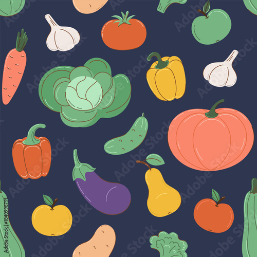 Seamless pattern with autumn vegetables in flat style with partial outline. On dark background. Autumn and harvest concept. Vector illustration.