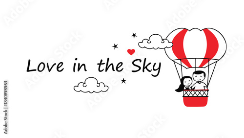 Charming illustration of a couple in a hot air balloon with clouds and stars symbolizing love in the sky