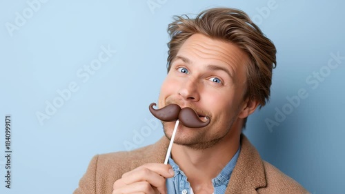 Young man playfully poses with chocolate mustache on a stick, showcasing a lighthearted moment, camera zooms in and out for emphasis