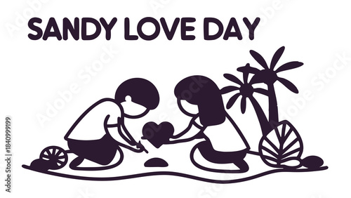 Two children creating a sand heart on a beach for sandy love day celebration