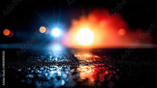 Nighttime City Street Reflection with Blurry Car Lights and Fiery Orange Cloud