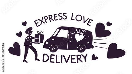 Express love delivery service with a person handing a gift to a heart decorated van surrounded by hearts