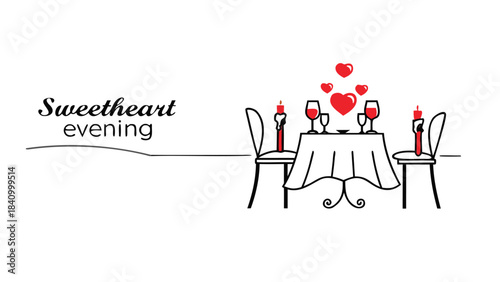 Romantic candlelit dinner for two with hearts floating above a table setting